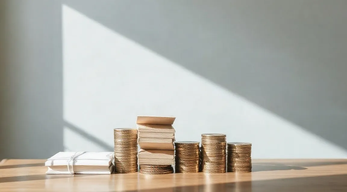 Stacks of coins on a wooden table in soft window light