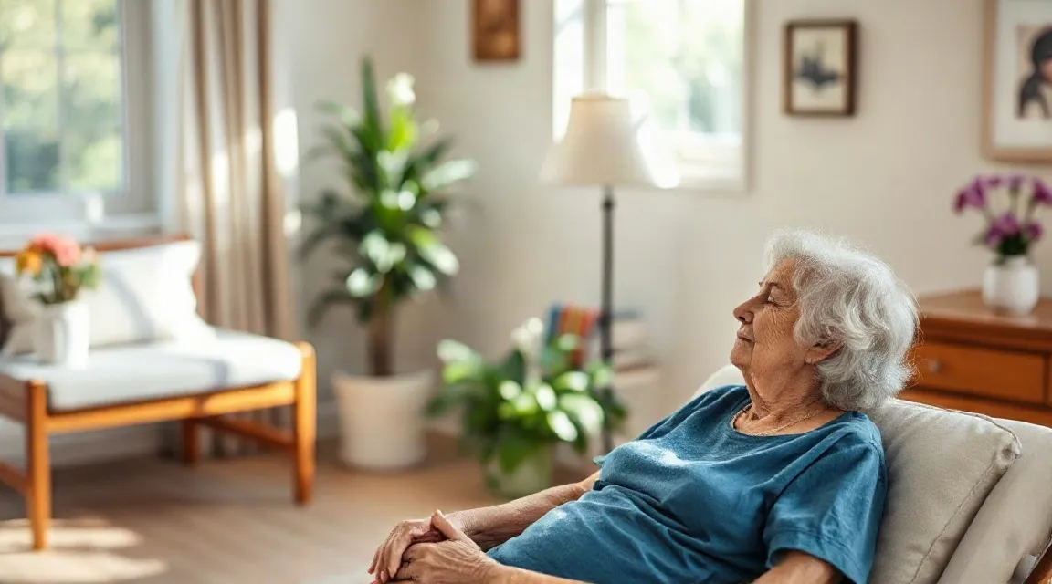 An older woman in a blue top rests on a sofa in a bright living room with plants