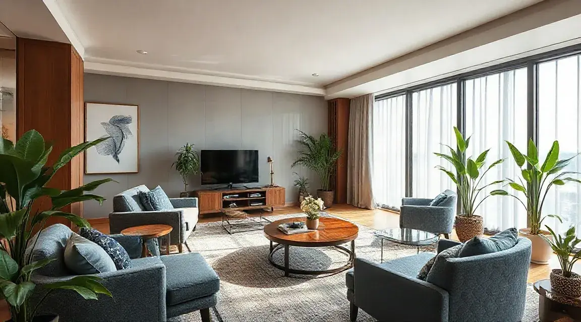 A bright, empty living room with sofas, a low table, plants and large windows