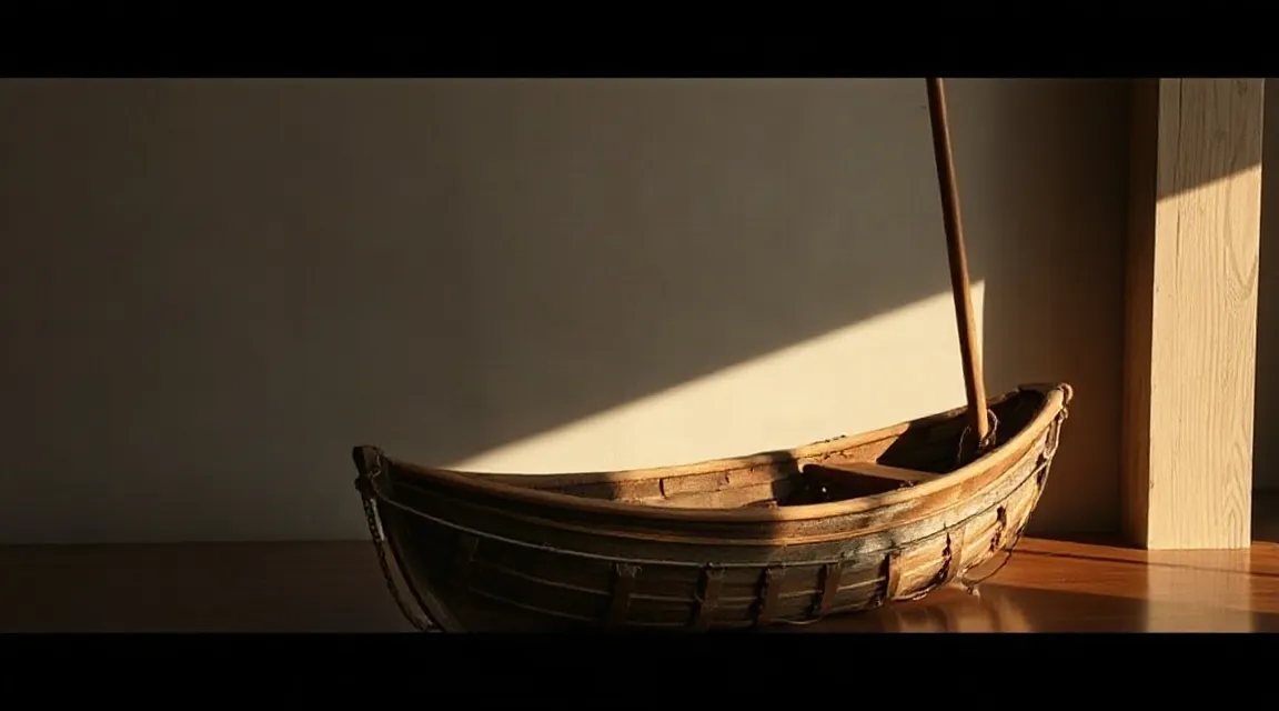 A small wooden boat resting in warm, low light