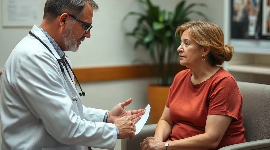 A doctor in a white coat with a stethoscope speaks with a woman in an orange top