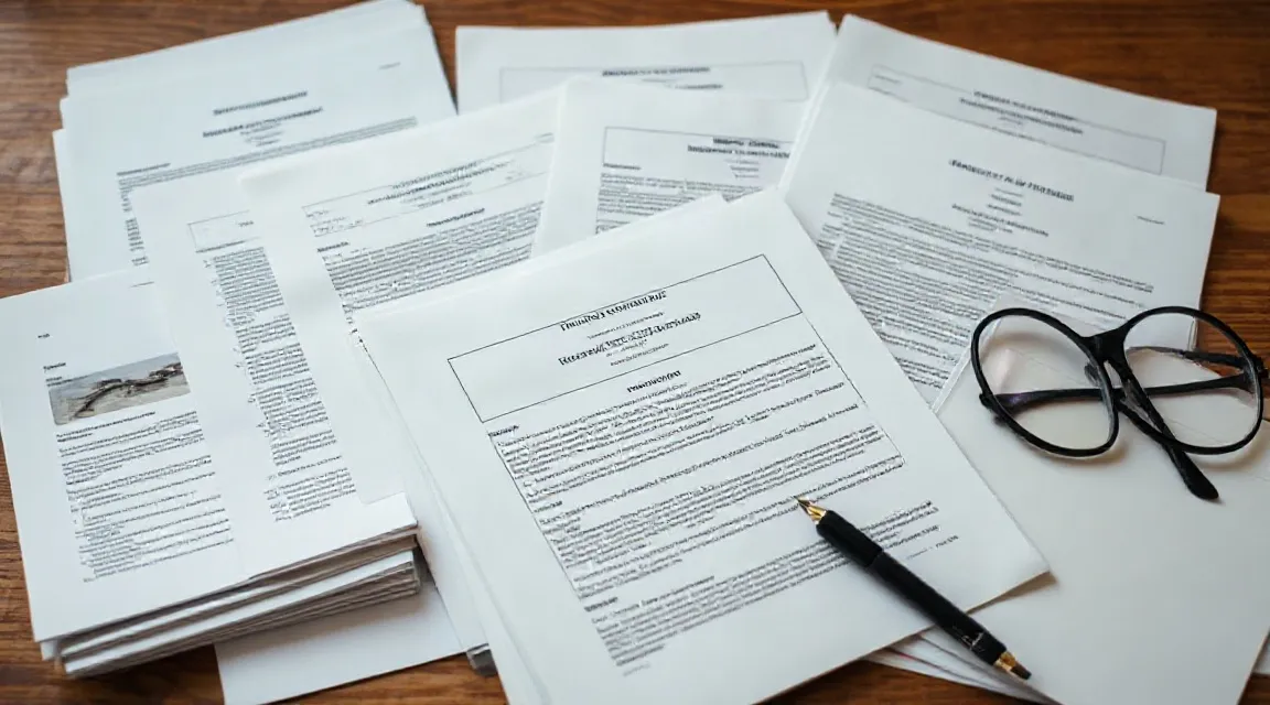 Printed pages spread on a wooden table with a pair of glasses and a pen