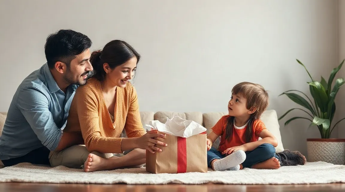 A couple and a small child sitting on a rug beside a wrapped gift