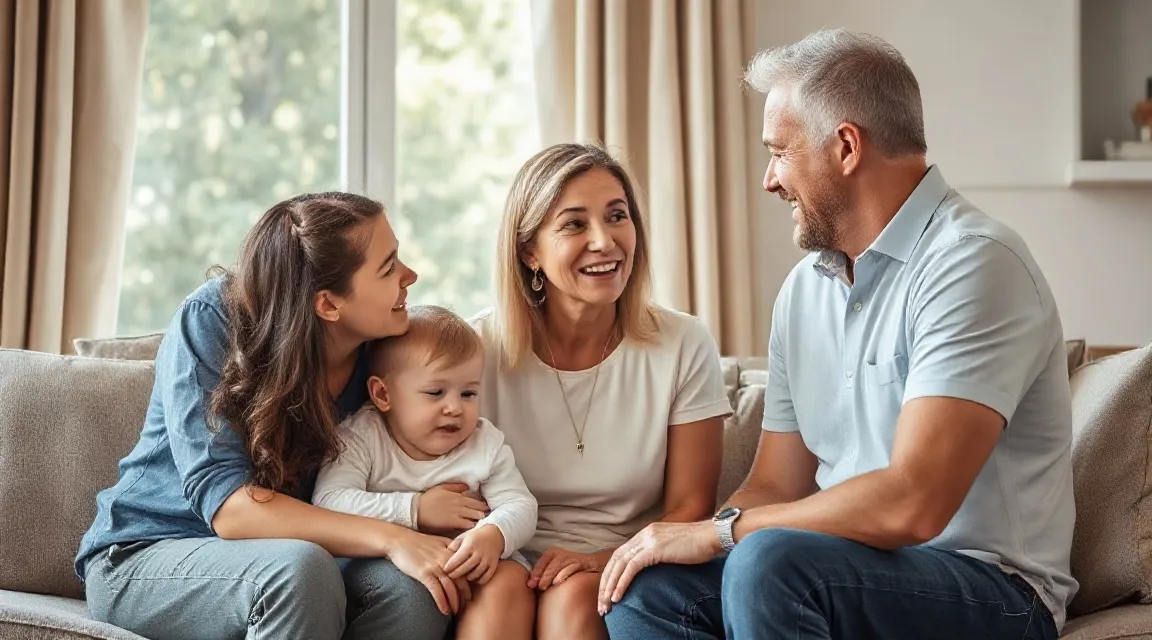 A mother holding a baby sits on a sofa with her parents, all smiling