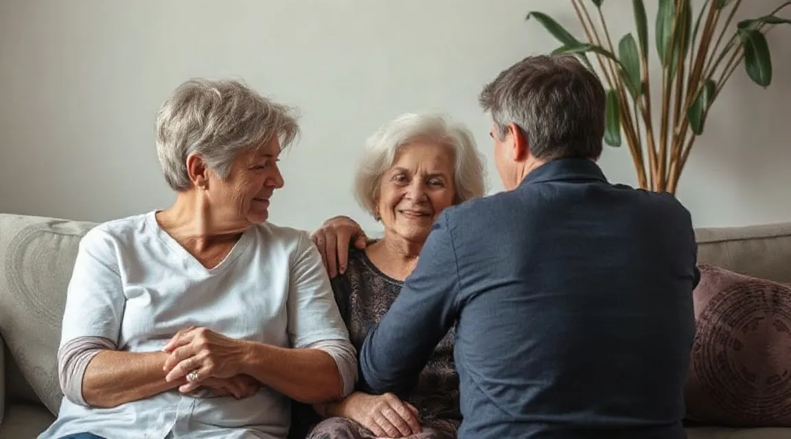 Two older women and a man in a dark shirt sitting close together on a sofa, talking