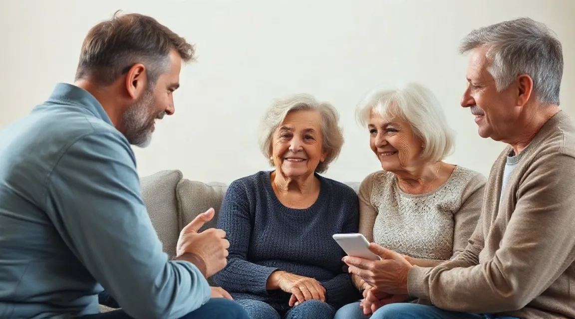 A bearded man holding a phone talks with two older women on a sofa