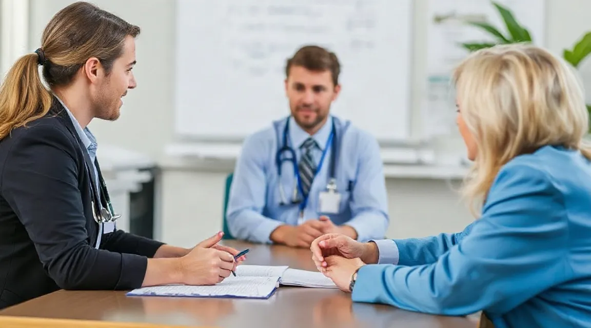 A woman in a navy jacket and a woman in blue sit at a table with a man wearing a stethoscope and writing notes