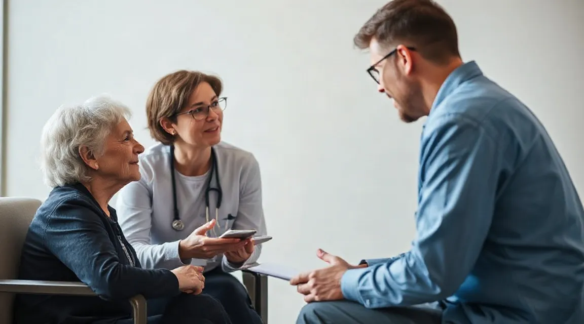 An older woman and a woman holding a tablet talk with a man in a blue shirt who is gesturing
