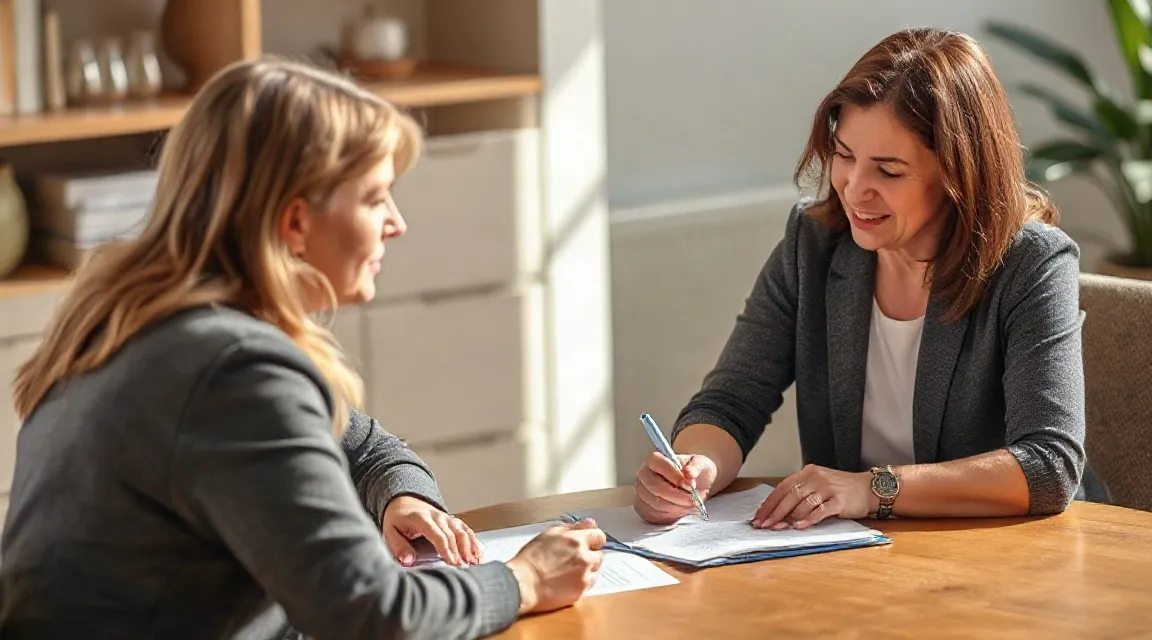 Two women sit at a wooden table, one writing on a notepad while the other smiles