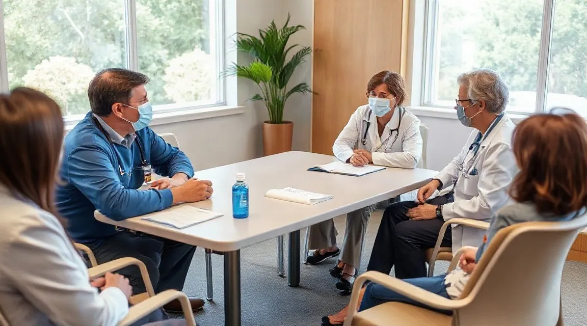 Four people in masks sit at a table with papers and a water bottle in a bright meeting room