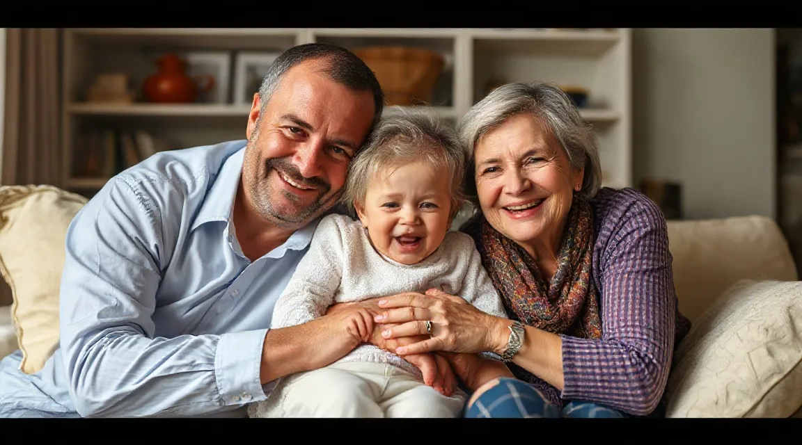 A smiling man and an older woman holding a laughing baby on a sofa
