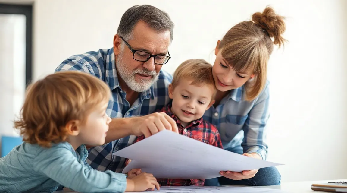 A grandfather with glasses and two small children reading a sheet of paper together