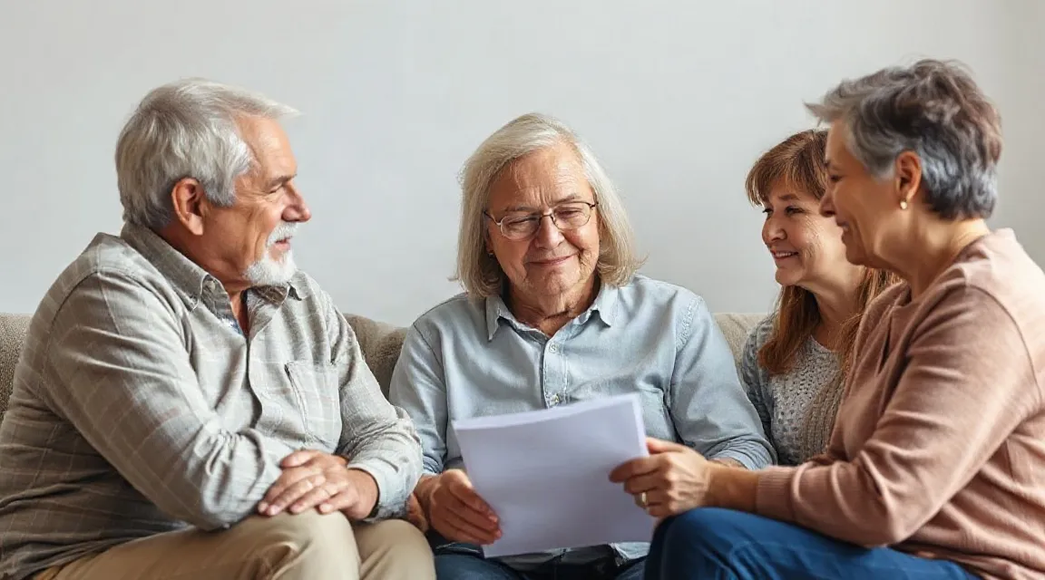 Two older men and two women sitting together, one holding a sheet of paper