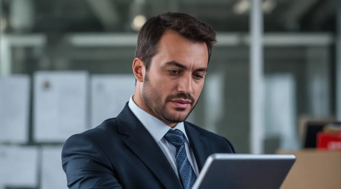 A man in a dark suit looks at a tablet in an office