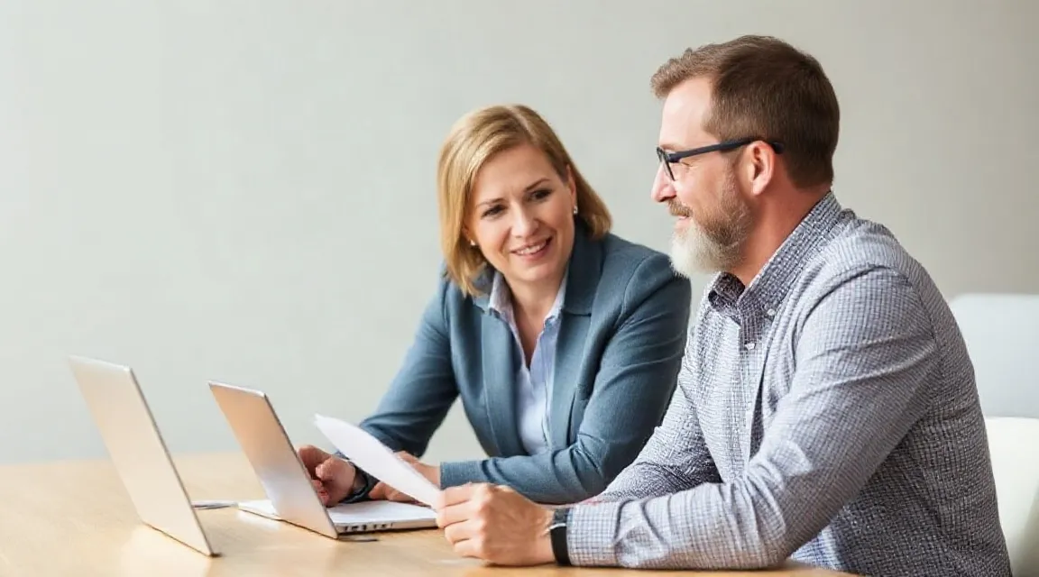 Two people at a table with laptops (a stock illustration of a consultation, not our staff)