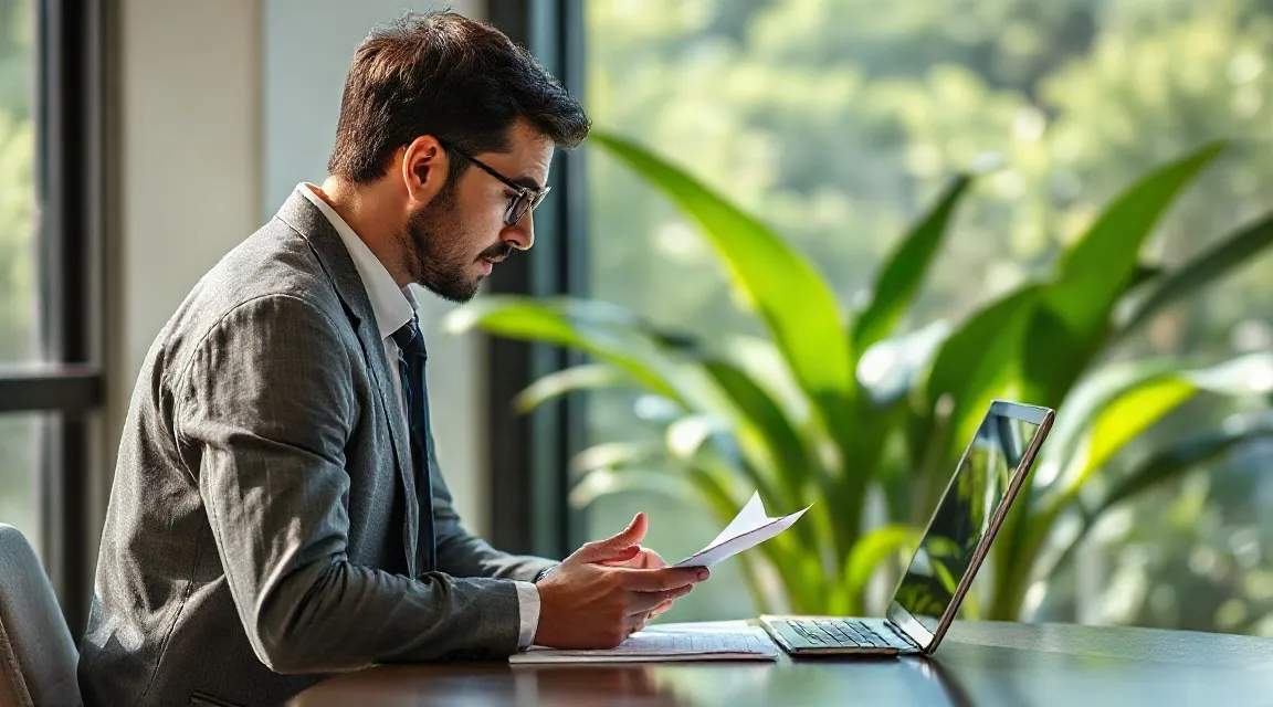 A man in a jacket reading papers at a desk beside a laptop and a large green plant