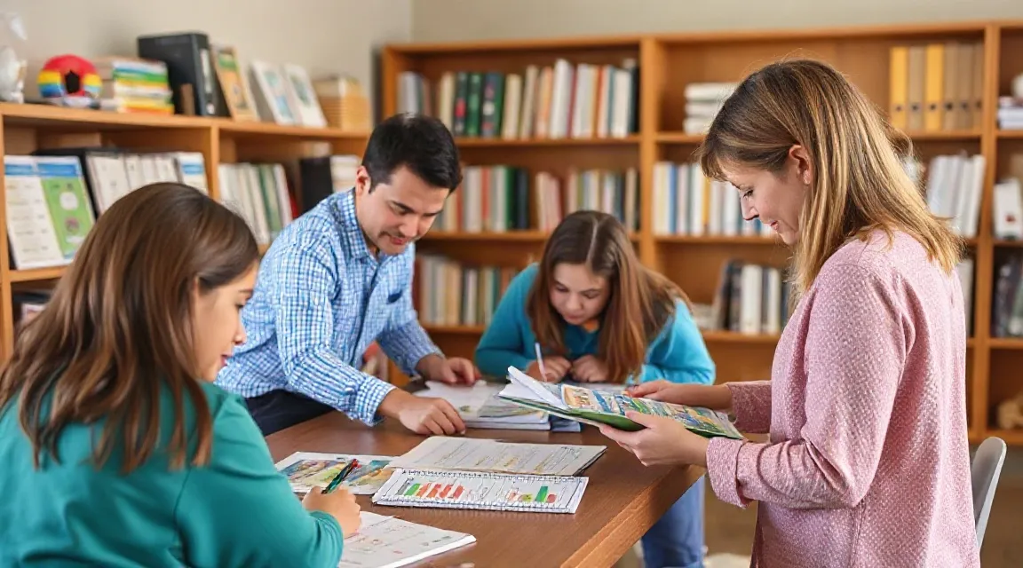 A man and three children around a table covered with colourful papers, with a bookcase behind