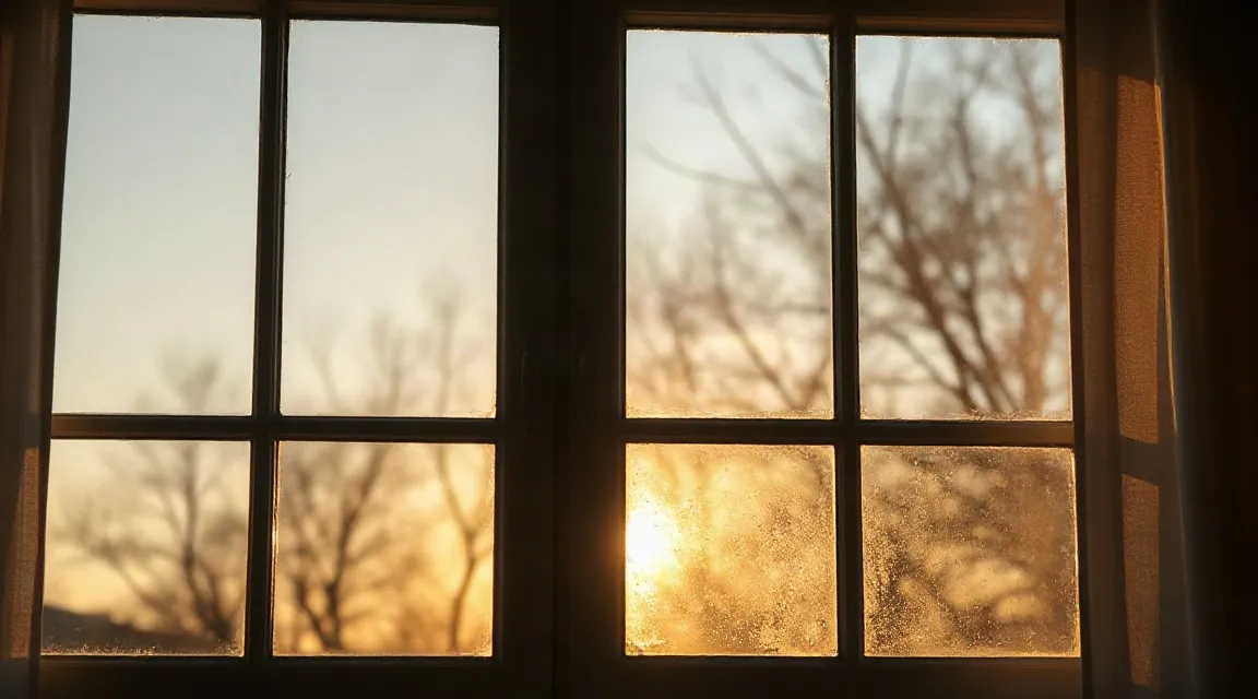 Low morning sun shining through a large window onto a quiet room