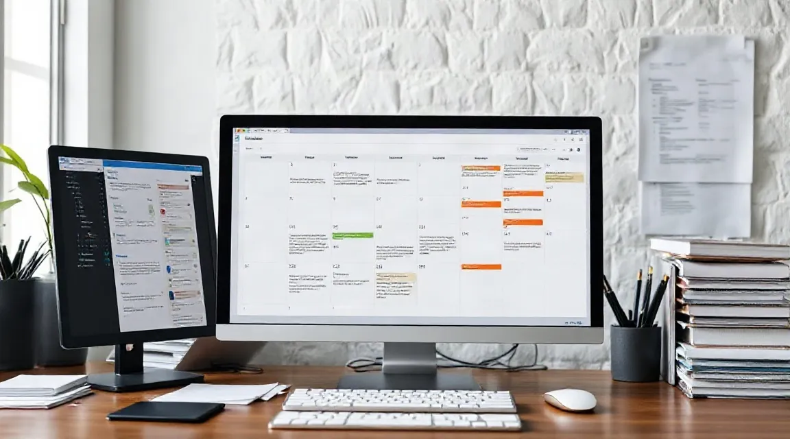 A desk with two monitors, a keyboard and a wall calendar with sticky notes